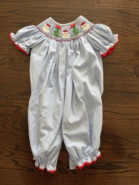 Blue Gingham Smocked Holiday One-Piece Bodysuit